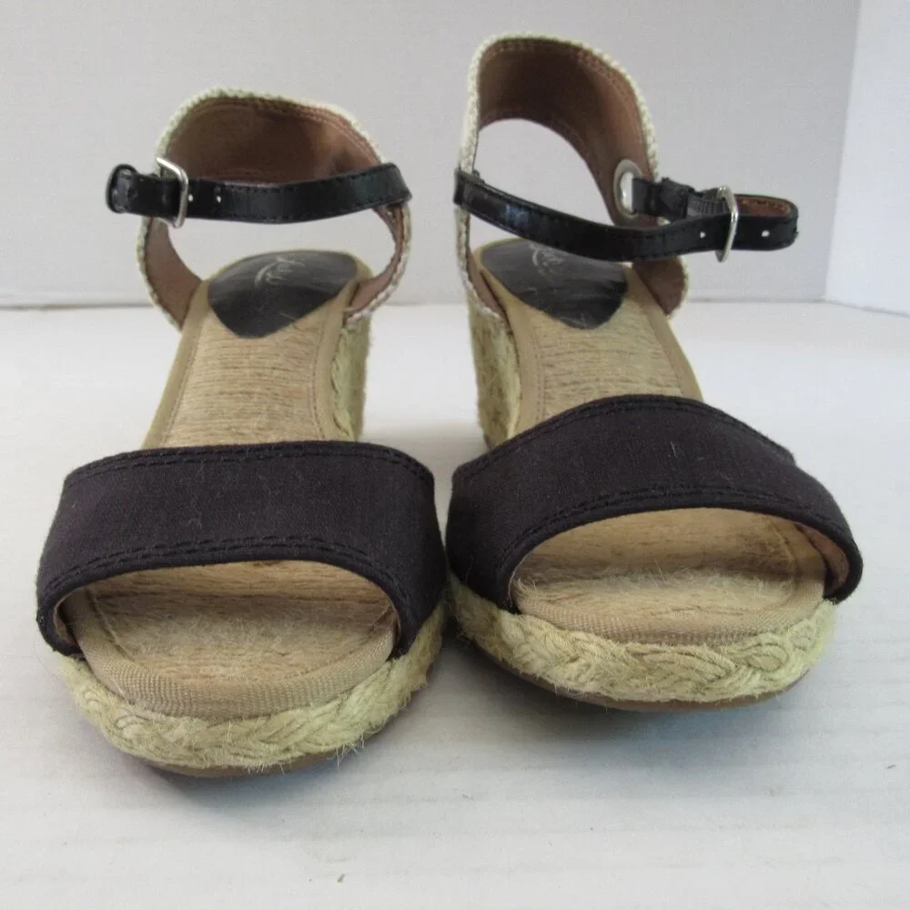 Lucky Brand Espadrille Wedge Sandals Black Tan & White Size 6M